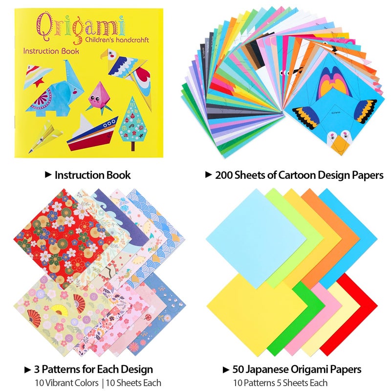 catnee Origami Paper for Kids Crafts, 350 PCS Origami Paper Kit, Vivid 200 Cartoon Origami Objects+100 Solid Color Papers+50 Traditional Japanese Patterns with Instructions, Origami for Kids Adults Beginners - Image 2